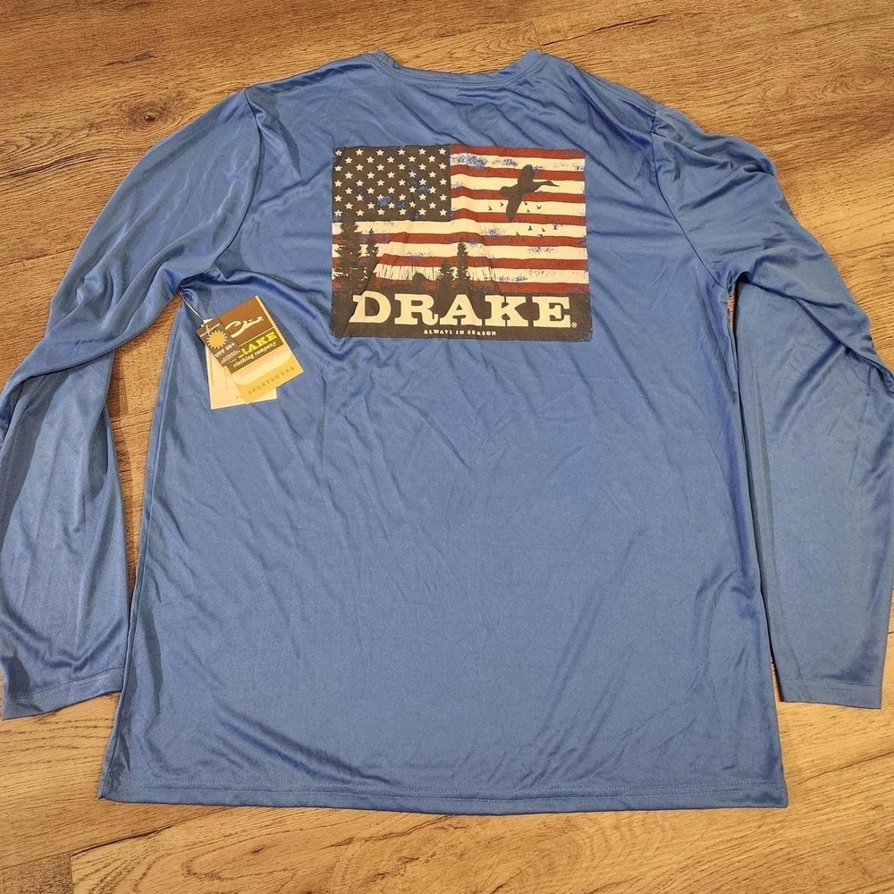 Large Drake blue long sleeve shirt with American flag graphic